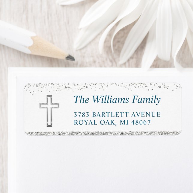Personalized Silver Cross Religious Return Address (Insitu)