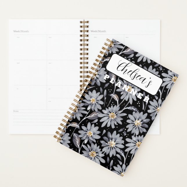 Personalized Silver Daisies on Black Planner (Display)