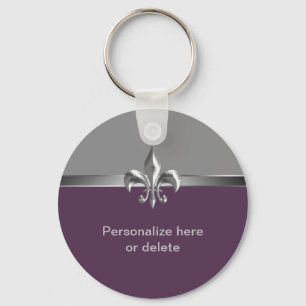 Personalized Silver Eggplant Fleur de Lis Keychain