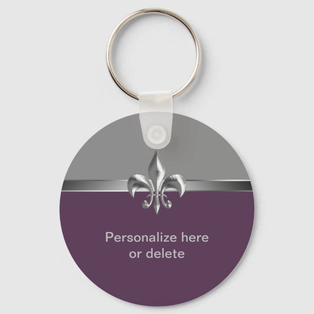 Personalized Silver Eggplant Fleur de Lis Keychain (Front)