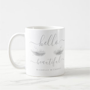 Personalized Silver Eyelashes "Hello Beautiful" Coffee Mug