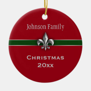 Personalized Silver Fleur de Lis Christmas Ceramic Ornament
