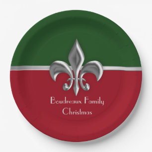Personalized Silver Fleur de Lis Christmas Paper Plate