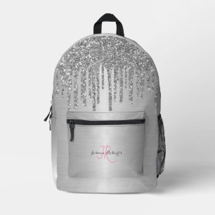 Personalized Silver Girly Glitter Drips Metallic Printed Backpack