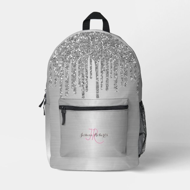 Personalized Silver Girly Glitter Drips Metallic  Printed Backpack (Front)