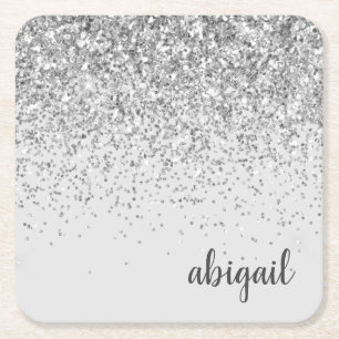 Personalized Silver Girly Glitter Sparkle Modern Square Paper Coaster
