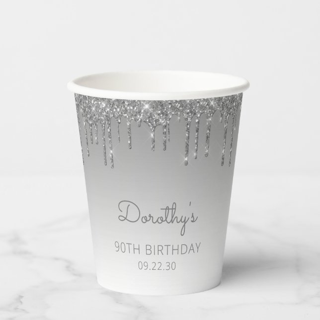 Personalized Silver Glitter 90th Birthday Party Paper Cups (Front)