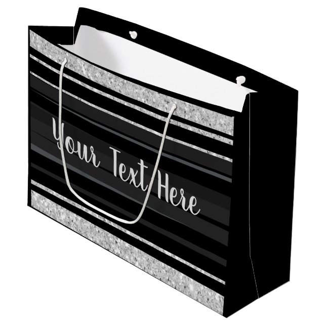 Personalized silver glitter black stripe bling large gift bag (Front Angled)