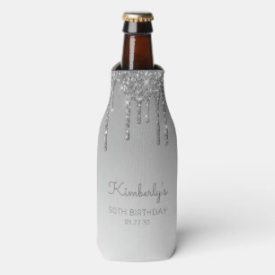 Personalized Silver Glitter Drip 50th Birthday Bottle Cooler