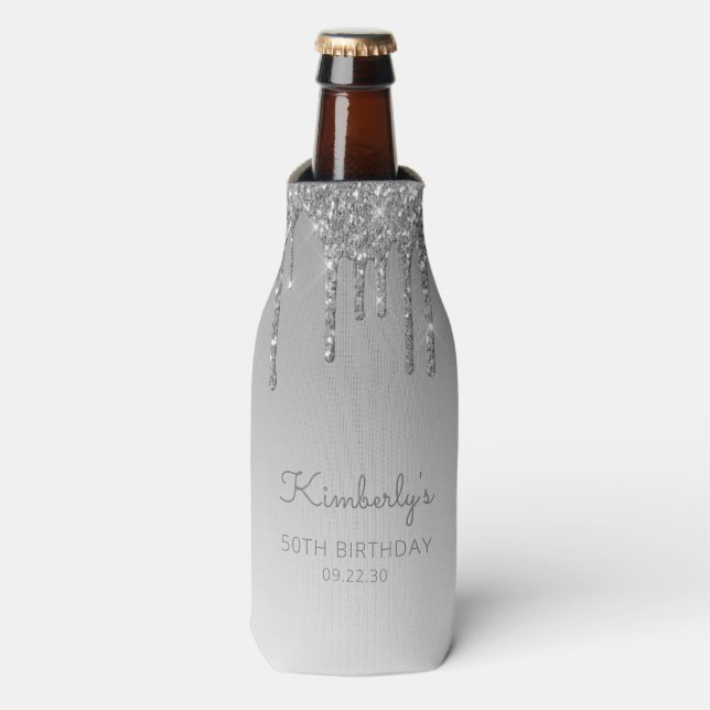 Personalized Silver Glitter Drip 50th Birthday Bottle Cooler (Bottle Front)