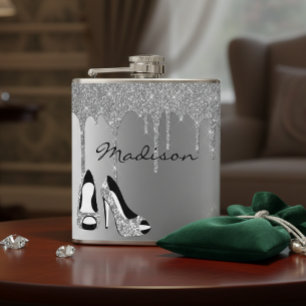 Personalized Silver Glitter Drips Heels Shoes Hip Flask