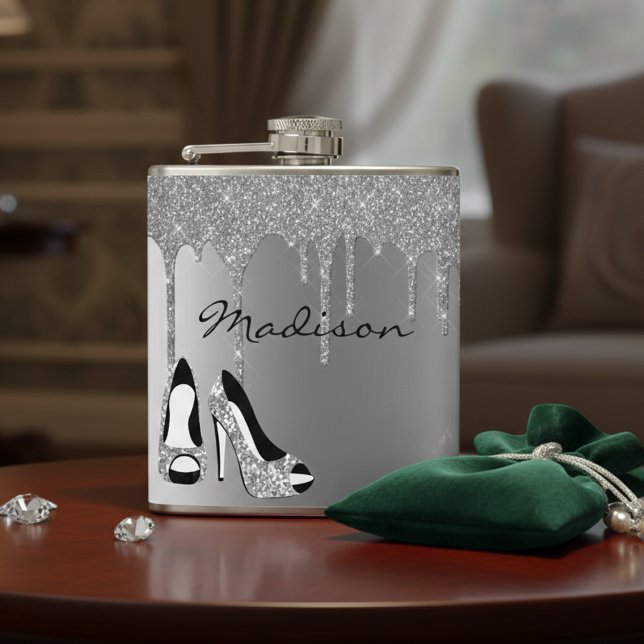 Personalized Silver Glitter Drips Heels Shoes Hip Flask (Creator Uploaded)