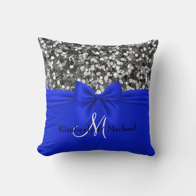 Personalized Silver Glitter Elegant Blue Bow   Throw Pillow (Front)