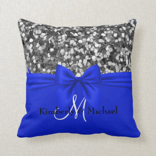 Personalized Silver Glitter Elegant Blue Bow   Throw Pillow