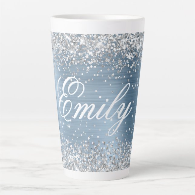 Personalized Silver Glitter Light Blue Foil Latte Mug (Front)