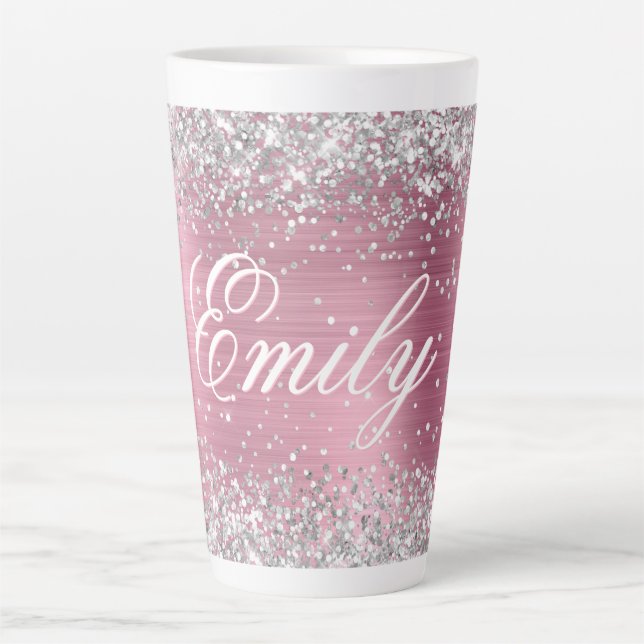 Personalized Silver Glitter Light Pink Foil Latte Mug (Front)