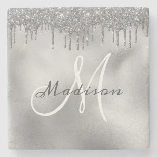 Personalized Silver Glitter Monogram Custom Stone Coaster