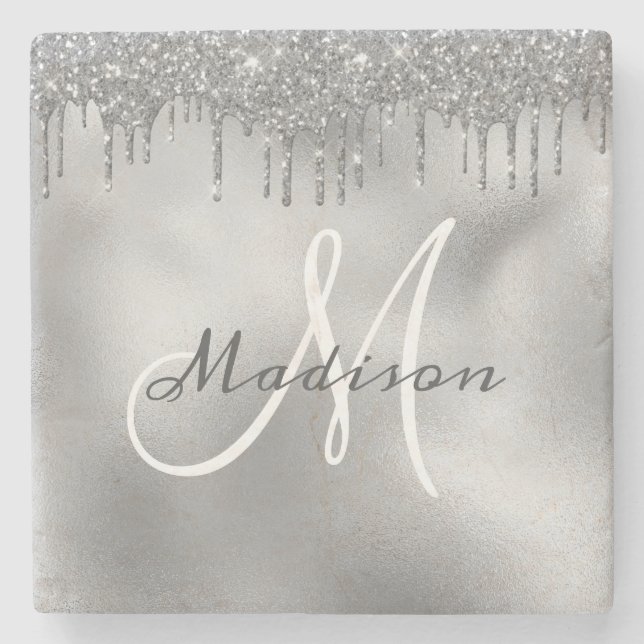 Personalized Silver Glitter Monogram Custom Stone Coaster (Front)
