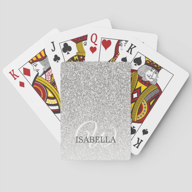 Personalized Silver Glitter Ombre Name Monogram Playing Cards (Back)