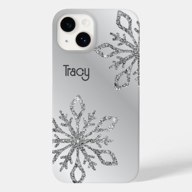 Personalized Silver Glitter Snowflakes on Silver  Case-Mate iPhone Case (Back)