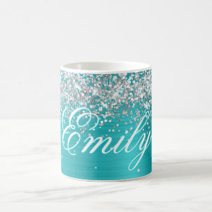 Personalized Silver Glitter Turquoise Blue Foil Coffee Mug