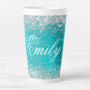 Personalized Silver Glitter Turquoise Blue Foil Latte Mug