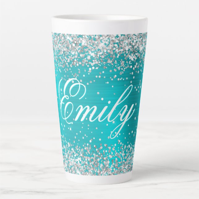 Personalized Silver Glitter Turquoise Blue Foil Latte Mug (Front)