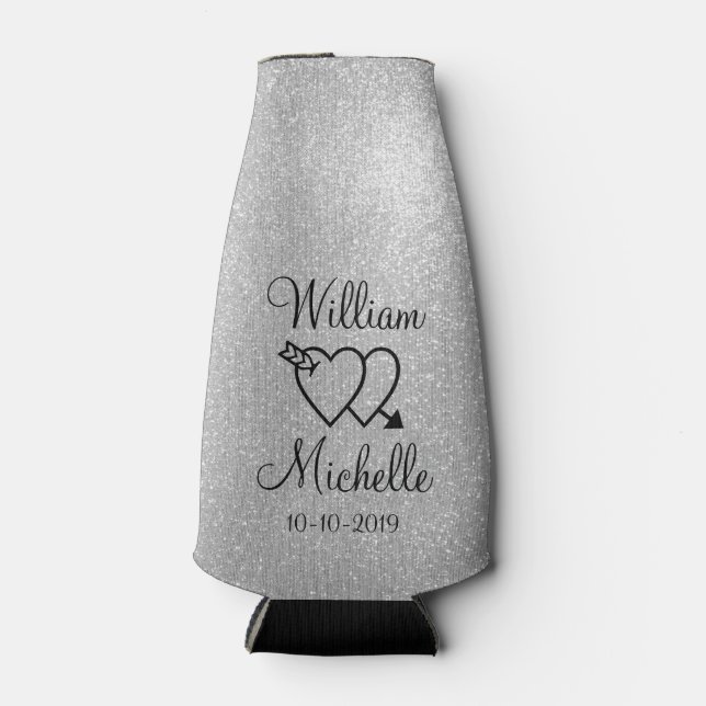 Personalized silver glitter wedding bottle cooler (Front)