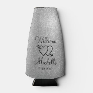 Personalized silver glitter wedding bottle cooler