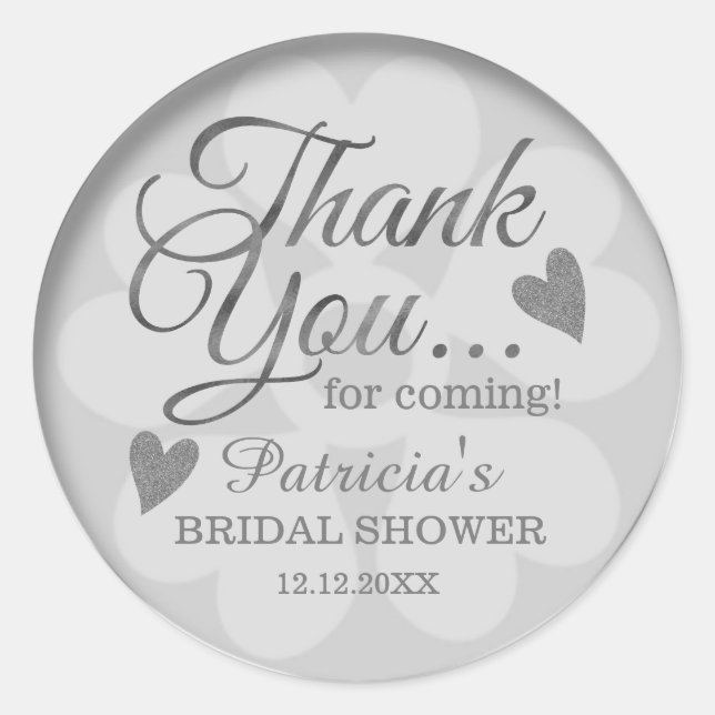 Personalized Silver Grey Bridal Shower Thank You Classic Round Sticker (Front)
