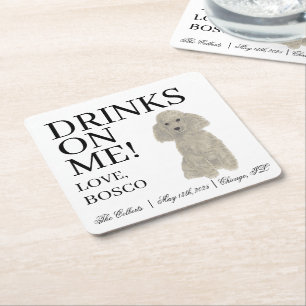 Personalized Silver Grey Poodle Dog Wedding Square Paper Coaster