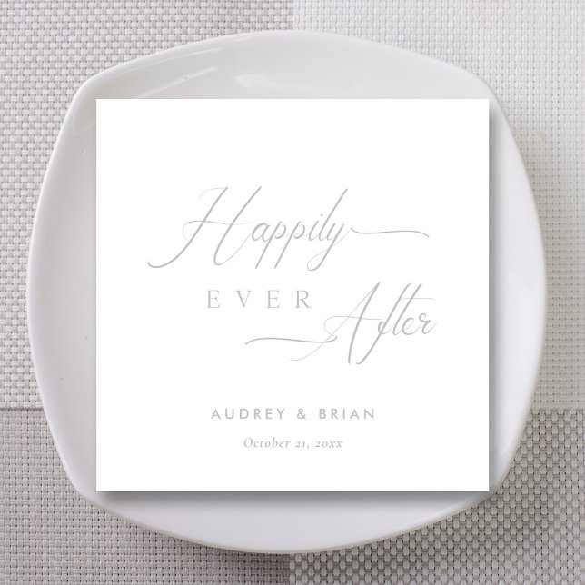 Personalized Silver 'Happily Ever After' Wedding Napkin (Silver on White Happily Ever After Wedding Napkins)