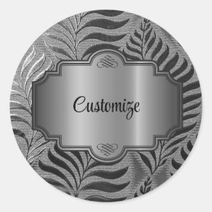 Personalized Silver Leaf Motif Classic Round Sticker