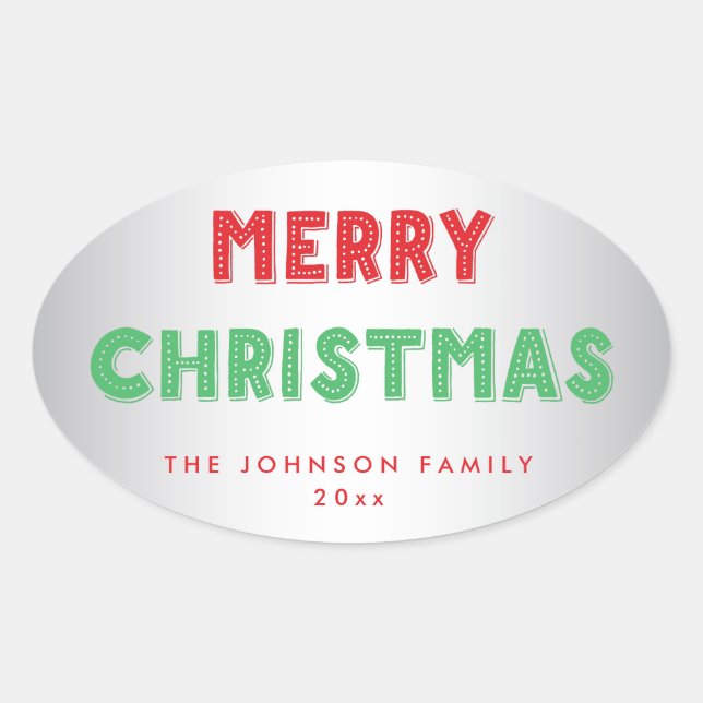 Personalized Silver Merry Christmas Oval Stickers (Front)