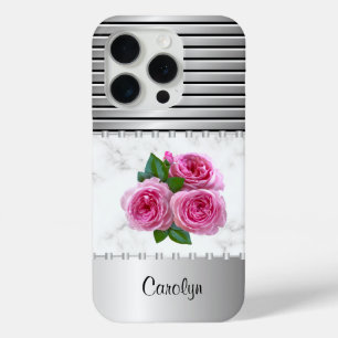 Personalized Silver Metallic, Marble, & Pink Roses iPhone 15 Pro Case