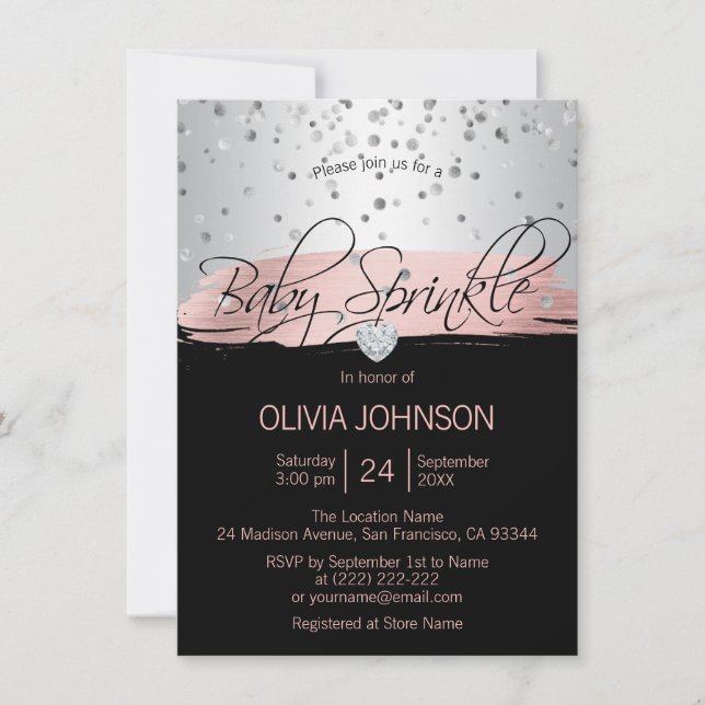Personalized Silver Pink Black Girl Baby Sprinkle Invitation (Front)