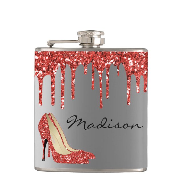 Personalized Silver Red  Glitter Drips Heels Shoes Hip Flask (Front)