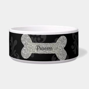 Personalized silver shiny dog bone pet food bowl