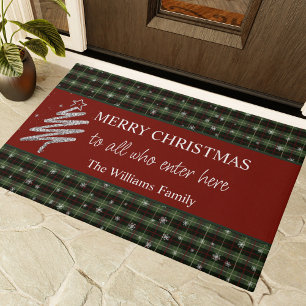 Personalized Silver Tree & Check Christmas Doormat