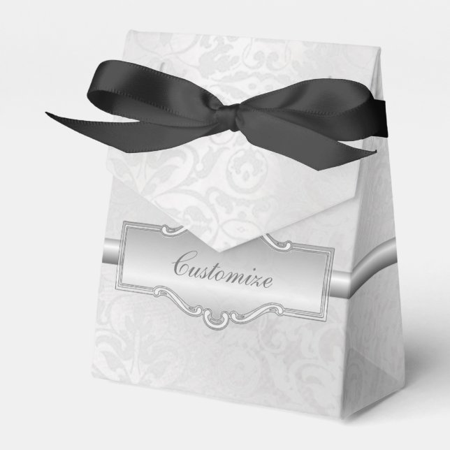 Personalized Silvery White Damask Tent Favour Box (Front Side)
