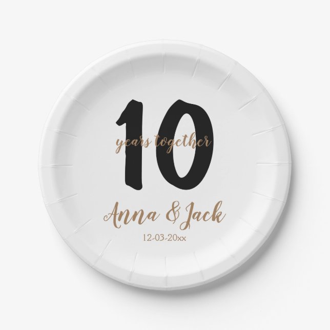 personalized simple 10 years anniversary name date paper plate (Front)