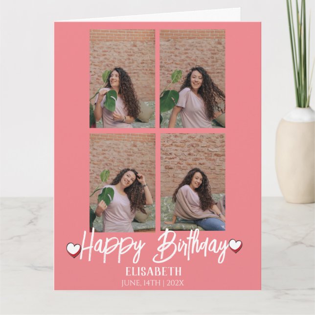 Personalized Simple Birthday Stylish Four Photo Card (Front)