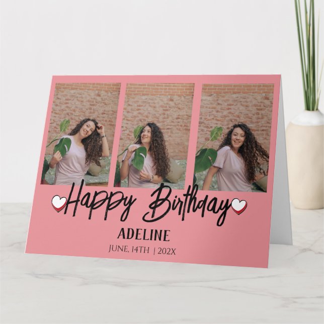 Personalized Simple Birthday Stylish Three Photo Card (Front)