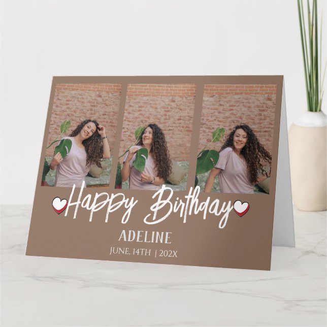 Personalized Simple Birthday Stylish Three Photo Card (Front)