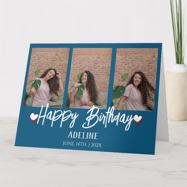 Personalized Simple Birthday Stylish Three Photo Card (Front)