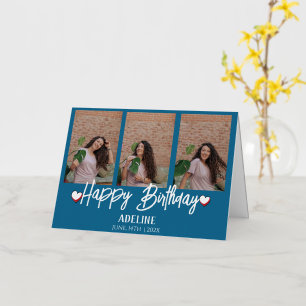 Personalized Simple Birthday Stylish Three Photo Foil Greeting Card