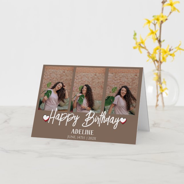 Personalized Simple Birthday Stylish Three Photo Foil Greeting Card (Yellow Flower)