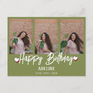 Personalized Simple Birthday Stylish Three Photo Postcard