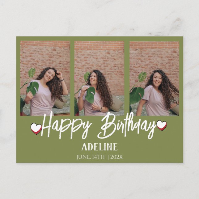 Personalized Simple Birthday Stylish Three Photo Postcard (Front)