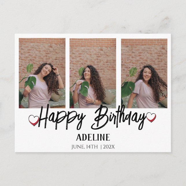Personalized Simple Birthday Stylish Three Photo Postcard (Front)